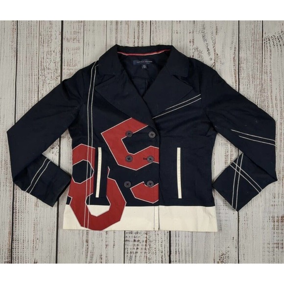 Rare TOMMY HILFIGER Jacket Blazer Pea‎ Coat BIG BLOCK 85 Spell Out Logo Sz XS - Picture 2 of 3